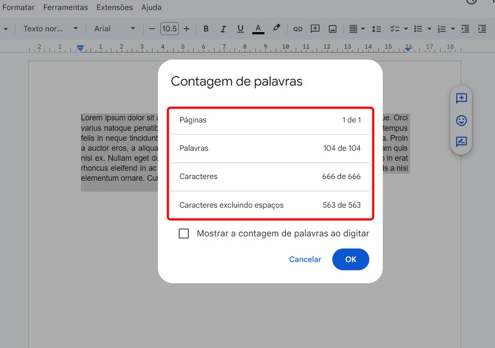 Contador de caracteres do Google Doces mostra informações detalhadas do texto — Foto: Reprodução/Rodrigo Fernandes