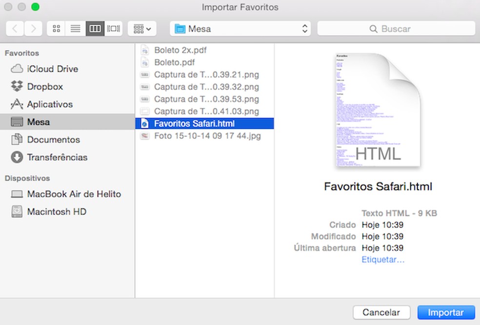 Selecione o arquivo HTML para ser importado (Foto: Reprodução/Helito Bijora) — Foto: TechTudo
