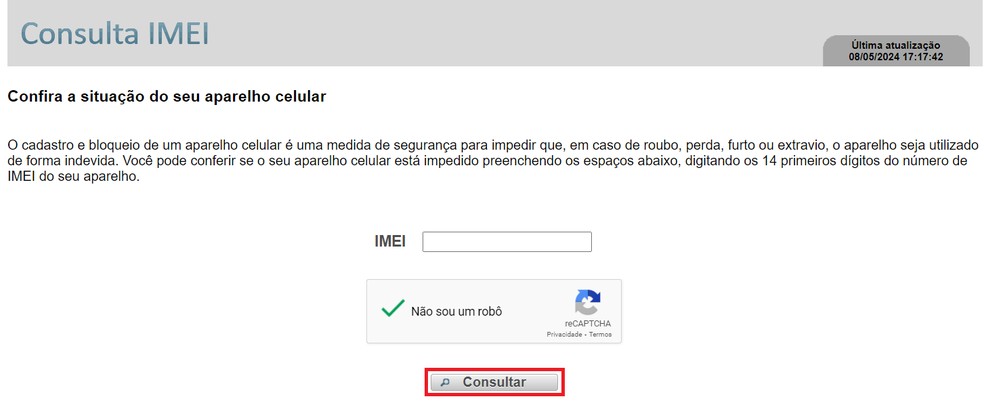 Digite o IMEI, marque o reCAPTCHA e toque para consultar — Foto: Reprodução/Bruno Guerra