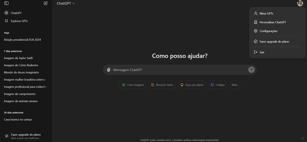 A interface do ChatGPT é simples e intuitiva — Foto: Reprodução/ChatGPT