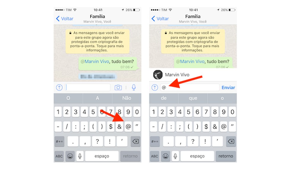 Recurso para marcar contatos em uma conversa de um grupo do WhatsApp para iPhone (Foto: Reprodução/Marvin Costa) — Foto: TechTudo
