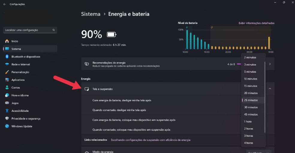 Reduzir o tempo da tela e configurar, para que o PC entre em suspensão, ajuda a poupar bateria — Foto: Reprodução/Juliana Villarinho