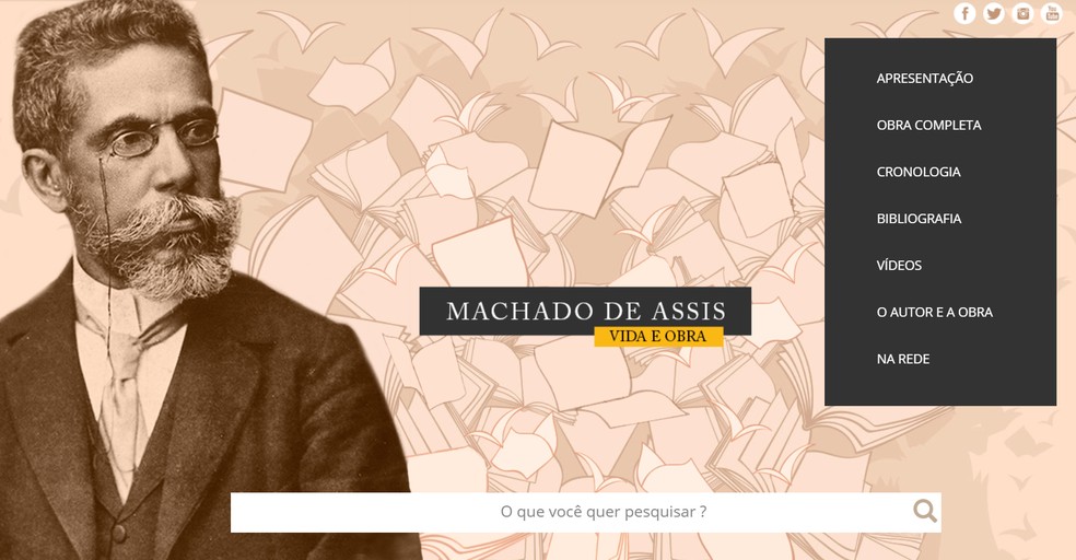 Site do MEC lembra centenário da morte de Machado de Assis e disponibiliza obras do escritor — Foto: Reprodução/Machado de Assis