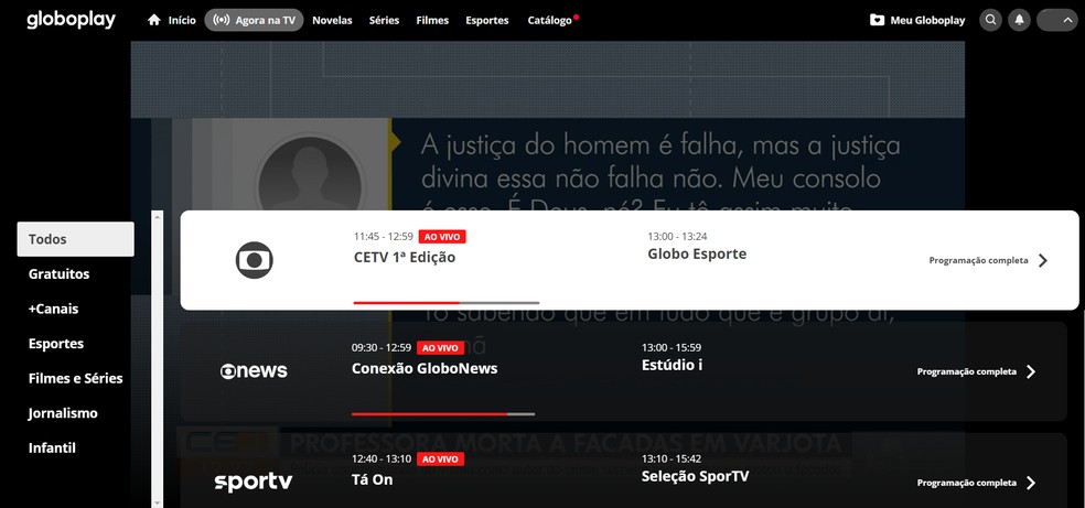 Grade de programação ao vivo da Globo — Foto: Reprodução/Jonathan Firmino