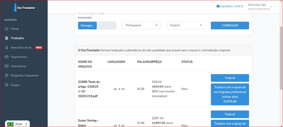 Plataforma Doc Translator apresenta recurso pago de tradução por linguísta — Foto: Reprodução/Ana Julia Vaz