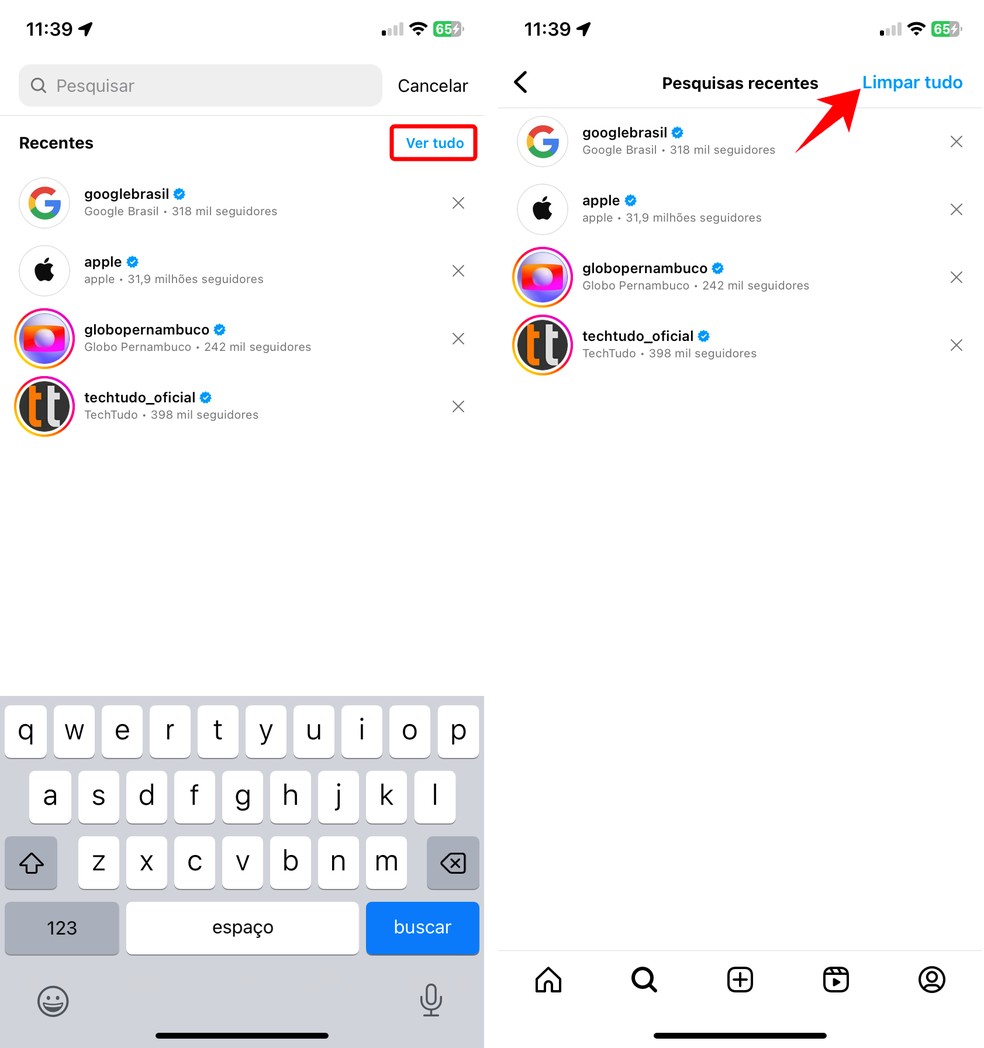 É possível apagar todas as sugestões do histórico de pesquisa do Instagram de uma só vez — Foto: Reprodução/Rodrigo Fernandes