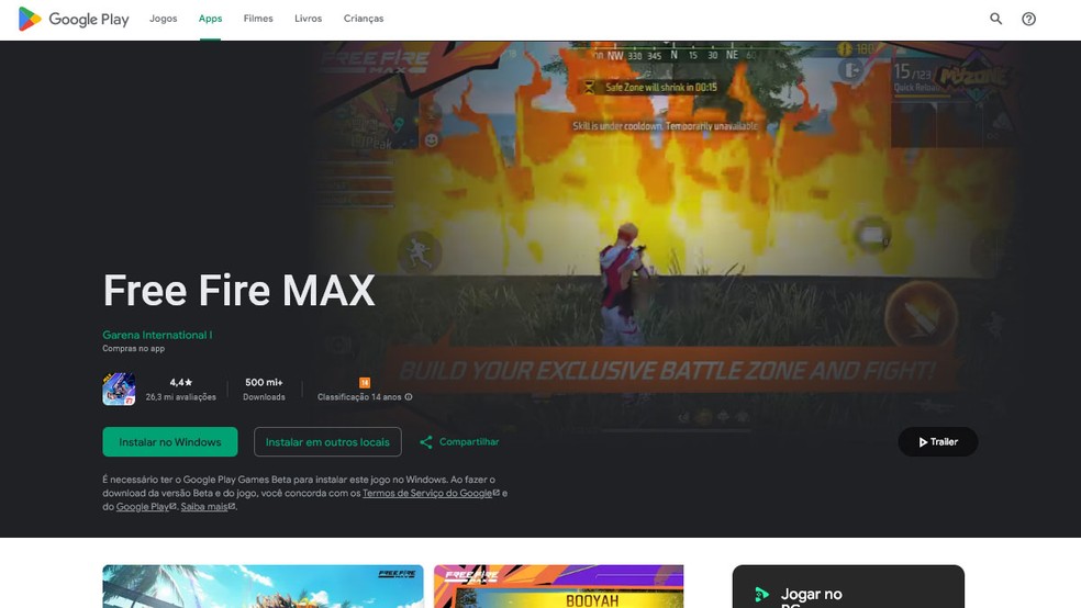 Para evitar problemas na busca da Google Play Store, acesse a página de Free Fire Max na loja em seu navegador no PC ou no smartphone — Foto: Reprodução/Rafael Monteiro
