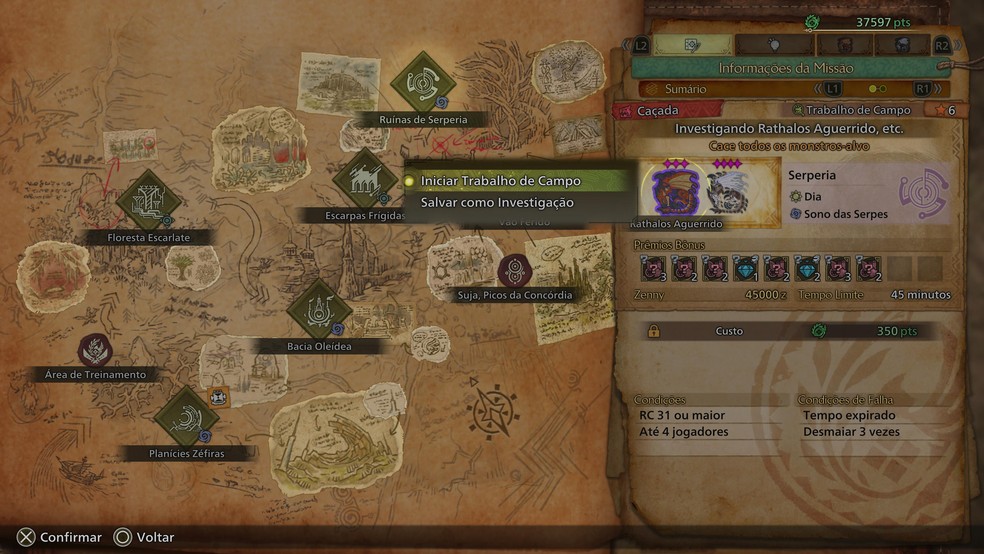 Na tela seguinte, confirme novamente para escolher se irá iniciar um Trabalho de Campo imediatamente, ou salvar a caçada para quando estiver com mais tempo — Foto: Reprodução/Daniel Trefilio