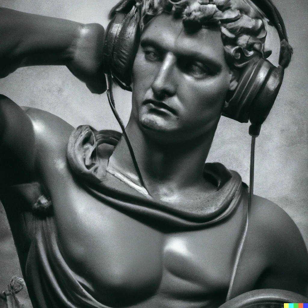 Uma foto da escultura de David, de Michelangelo, usando fones de ouvido — Foto: Reprodução/Dall-E 2