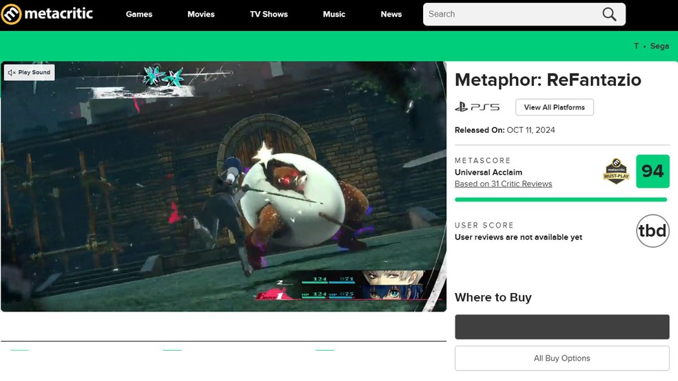 Metaphor: ReFantazio chegou à nota 94 no site Metacritic, tornando-o um dos lançamentos mais bem avaliados de 2024 junto com Astro Bot — Foto: Reprodução/Rafael Monteiro