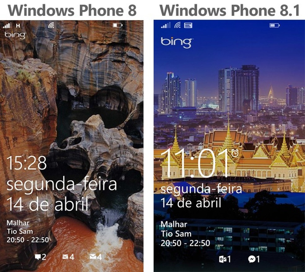 Windows Phone 8.1 trouxe mudanças sutis na tela de bloqueio, mas deve ganhar mais novidades (Foto: Reprodução/Elson de Souza) — Foto: TechTudo