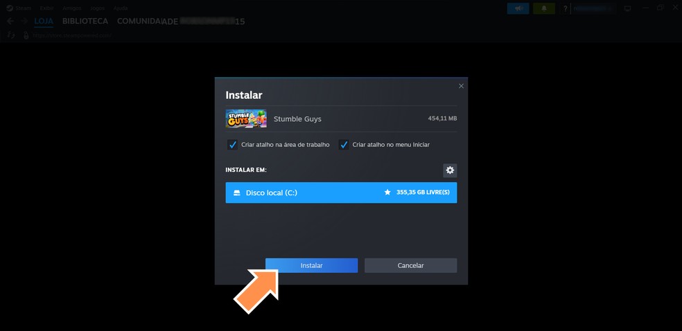 Clique em 'Instalar' para baixar e jogar Stumble Guys de graça — Foto: Reprodução/Róbson Martins