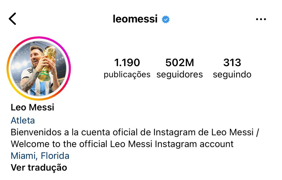 Lionel Messe é o segundo mais seguido na rede social, com 502 milhões de fãs — Foto: Reprodução/Instagram