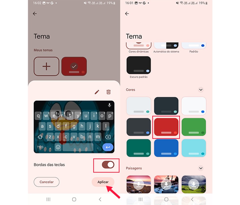 Ação para aplicar o novo tema no teclado do WhatsApp — Foto: Reprodução/Marcela Franco