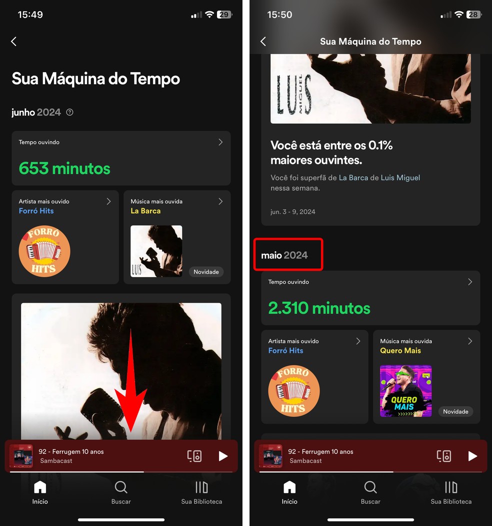 Máquina do Tempo do Spotify permite ver músicas mais ouvidas nos meses anteriores — Foto: Reprodução/Rodrigo Fernandes