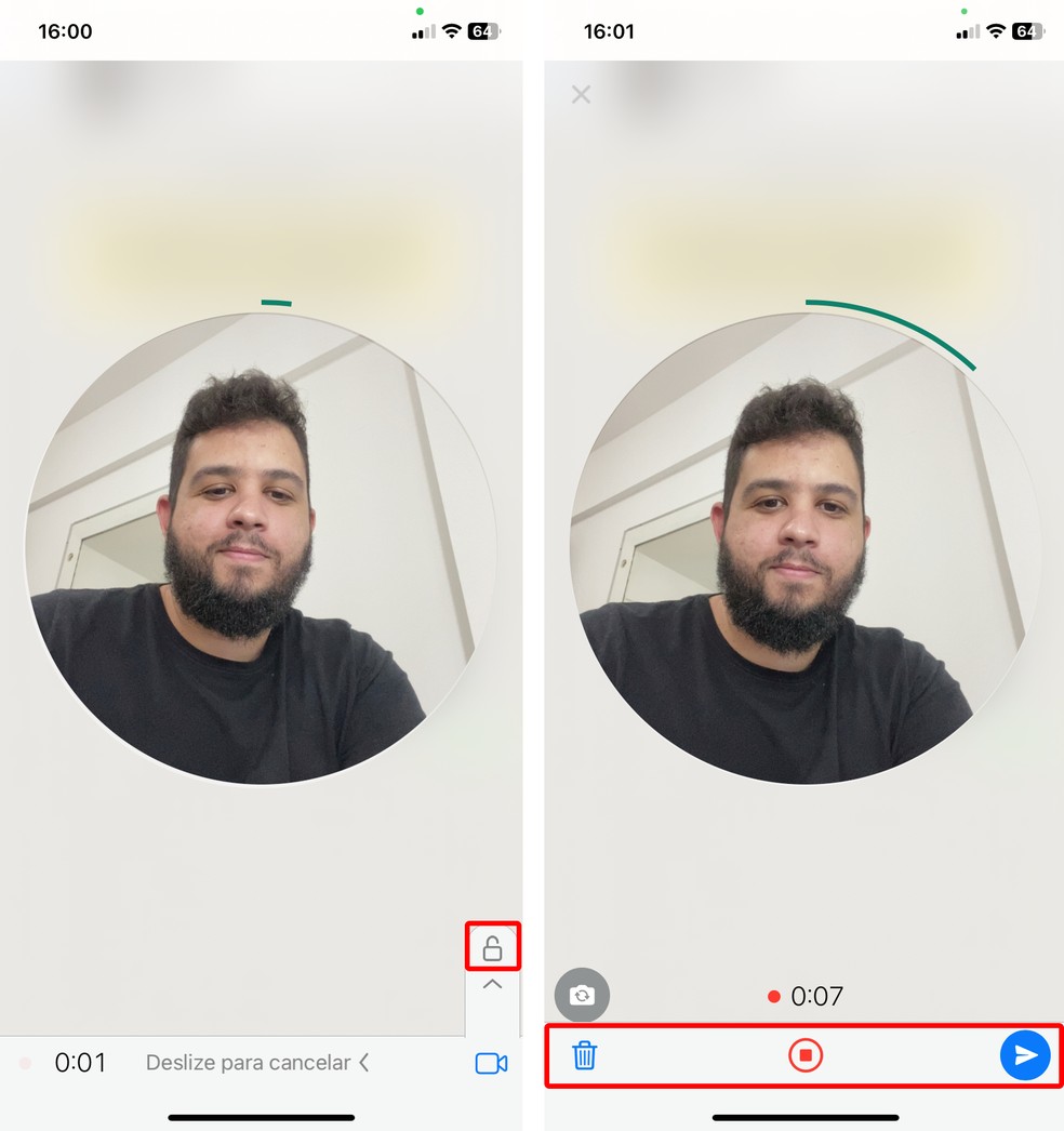 É possível gravar mensagem de vídeo no WhatsApp com as mãos livres — Foto: Reprodução/Rodrigo Fernandes