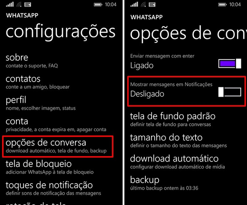 Usuário pode desligar prévias no WhatsApp para Windows Phone para ter maior privacidade (Foto: Reprodução/Elson de Souza) — Foto: TechTudo