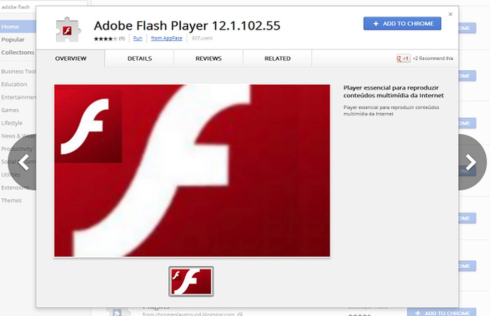 quase mil pessoas já baixaram a versão falsa do Adobe Flash Player na Chrome Web Store (Foto: Reprodução) — Foto: TechTudo