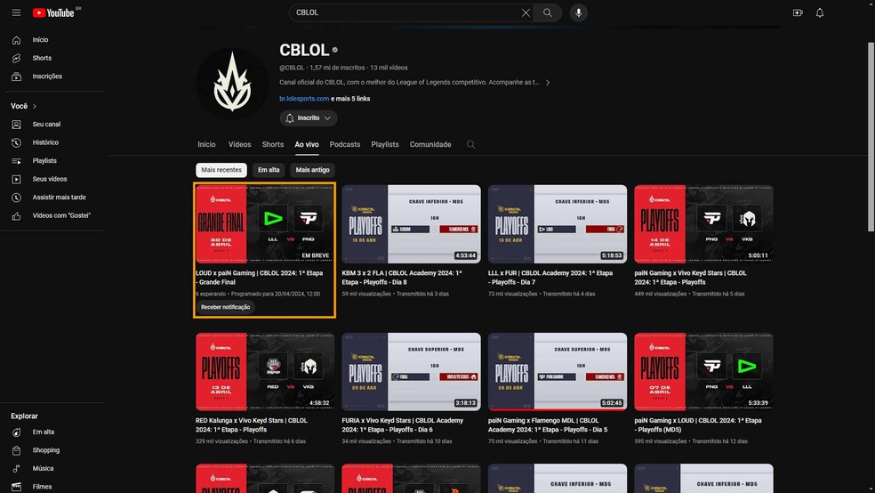 Transmissão da final entre LOUD x paiN já está programada no canal do CBLOL no YouTube — Foto: Reprodução/Victor de Abreu
