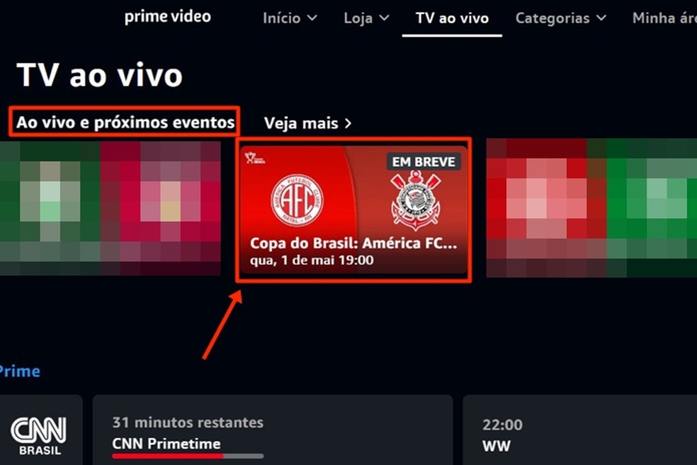 No quadrante de eventos ao vivo, público deve clicar no banner correto para visualizar a transmissão online — Foto: Reprodução/Gabriela Andrade