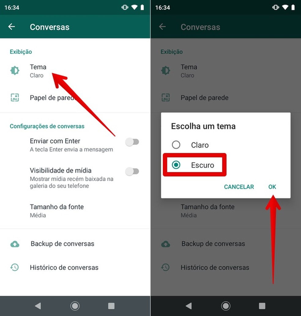 Ativando o modo noturno do WhatsApp no Android — Foto: Reprodução/Helito Beggiora