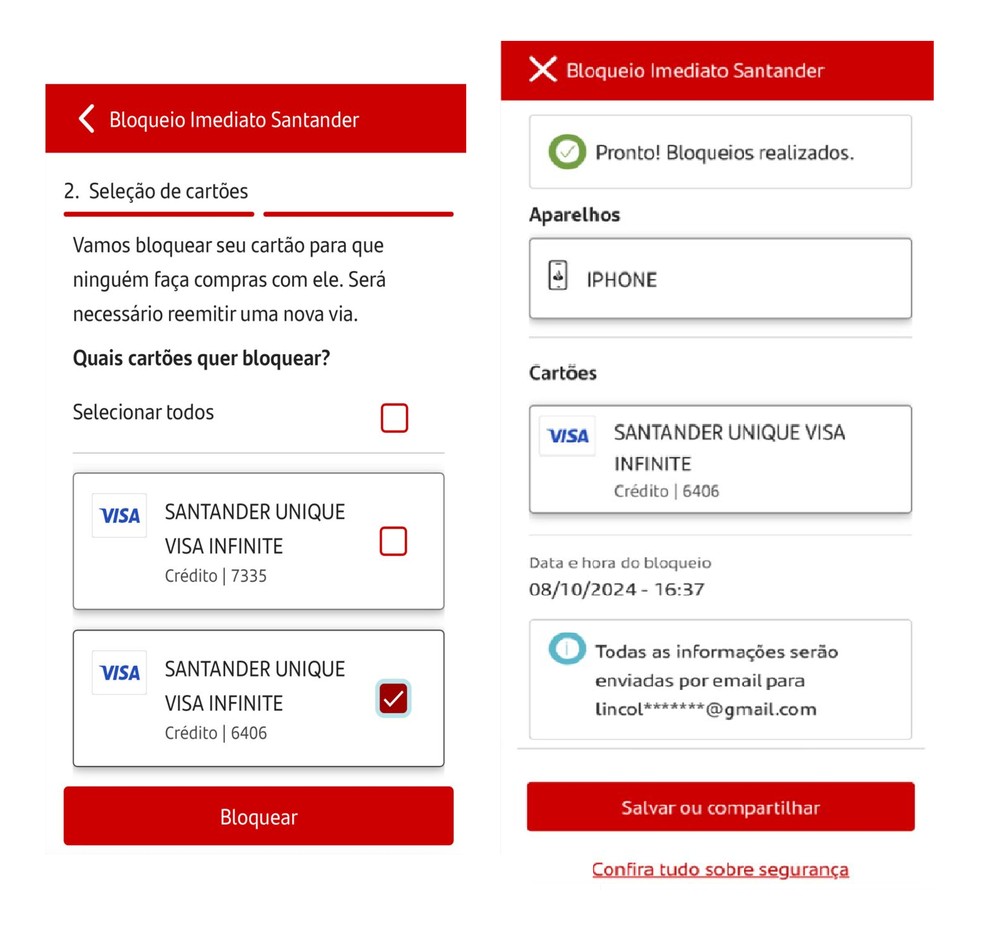 É possível bloquear os cartões de crédito do banco através do serviço para evitar prejuízos maiores — Foto: Divulgação/Santander