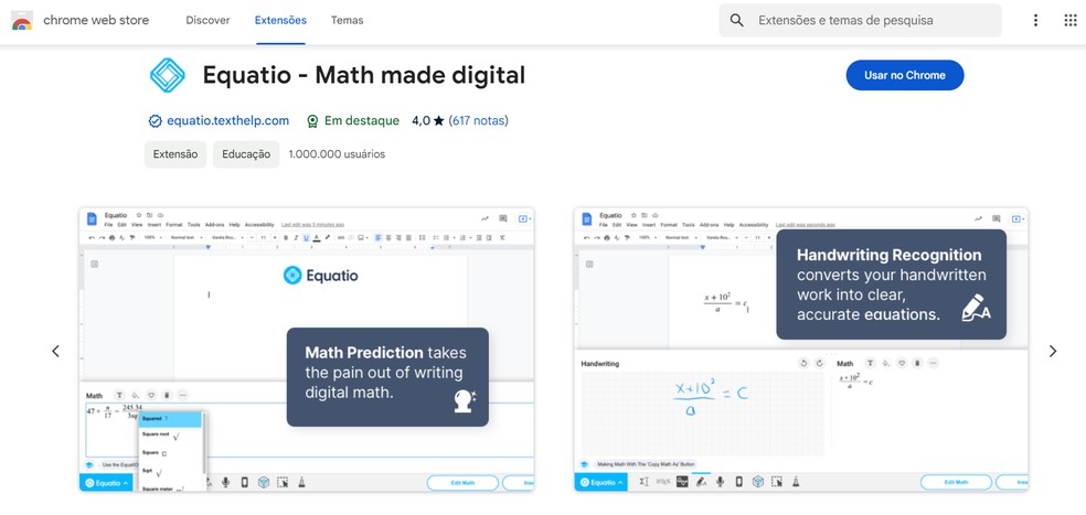 Equatio facilita na hora de escrever fórmulas e equações matemáticas no computador — Foto: Reprodução/Chrome Web Store