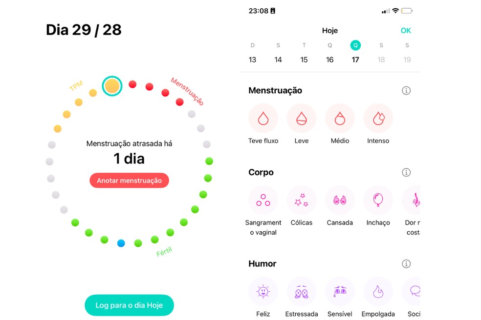 O app Cycles prevê possíveis mudanças de humor e sintomas pré ciclo menstrual