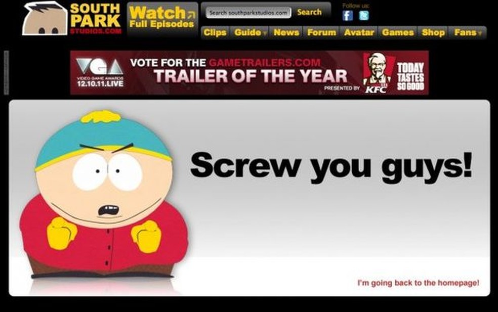 Página de erro 404 do South Park (Foto: Reprodução/BusinessInsider) — Foto: TechTudo