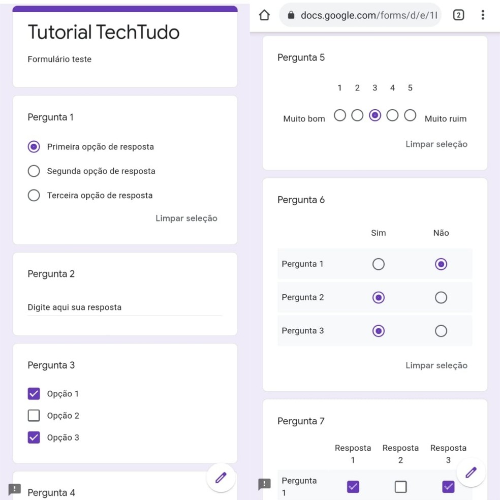 questionário elaborado no Google Forms na disciplina de Atenção