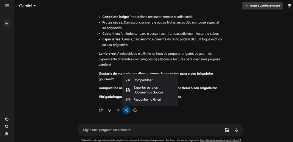 Gemini permite enviar uma resposta diretamente para o Gmail ou Docs — Foto: Reprodução/Gemini