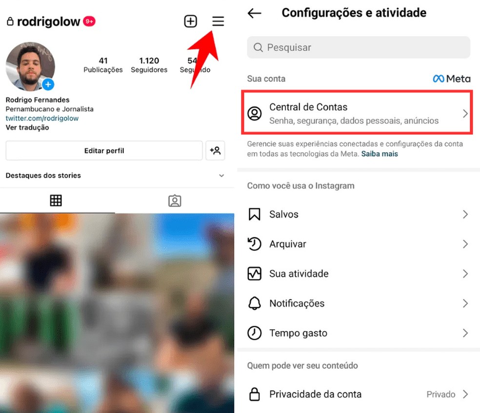 Tela de acesso às configurações do Instagram pelo app — Foto: Reprodução/Bruno Guerra