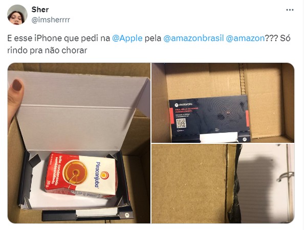 Thread da usuária Sher explica recebimento de leite condensado em vez de iPhone 12 — Foto: Reprodução/Twitter (@imsherrrr)
