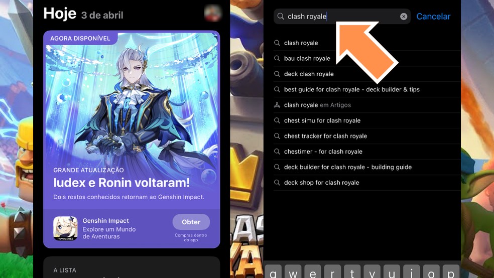 Pesquise por 'Clash Royale' na App Store e vá em 'Obter' — Foto: Reprodução/Róbson Martins