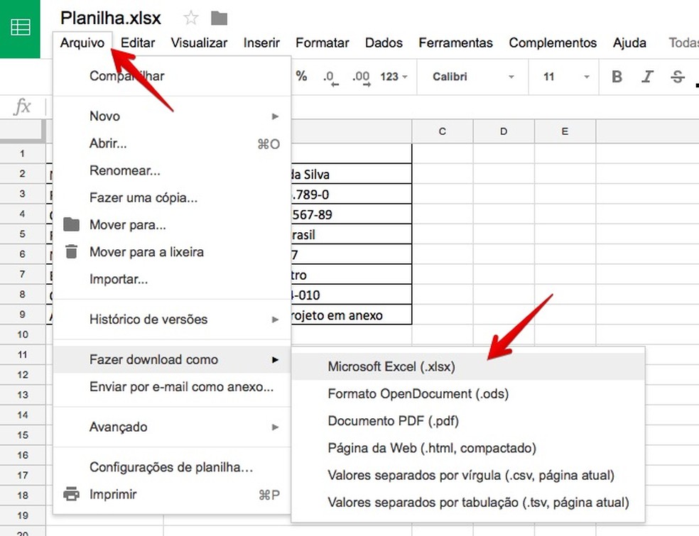 Baixando arquivo editado em formato Excel — Foto: Reprodução/Helito Bijora