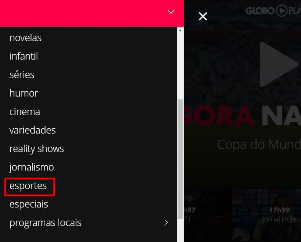 Caminho para acessar vídeos de esportes no serviço Globoplay no PC — Foto: Reprodução/Taysa Coelho