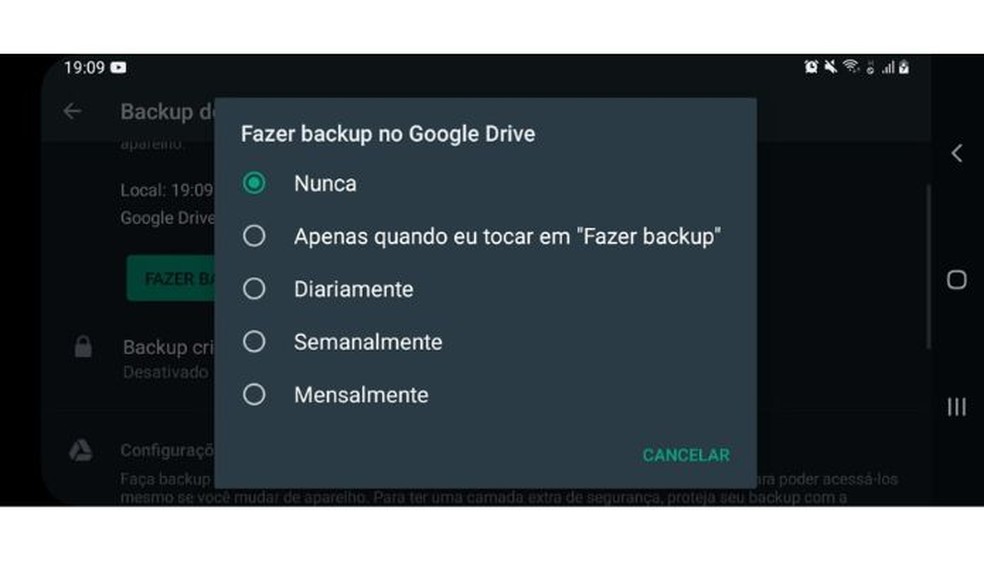 Opções de Backup do WhatsApp — Foto: Reprodução/Júlio César Gonsalves