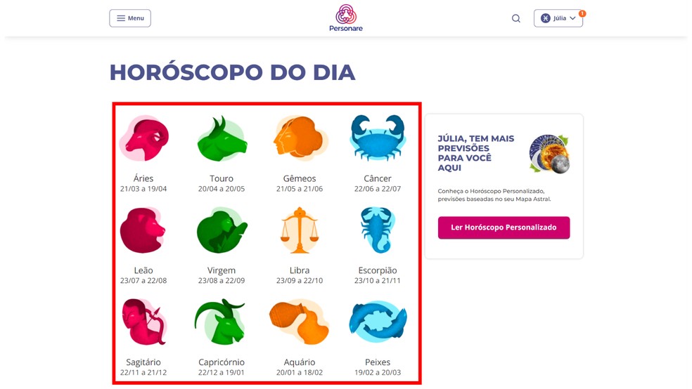 Personare oferece horóscopo do dia e do ano de 2024 gratuitamente no site — Foto: Reprodução/Júlia Silveira