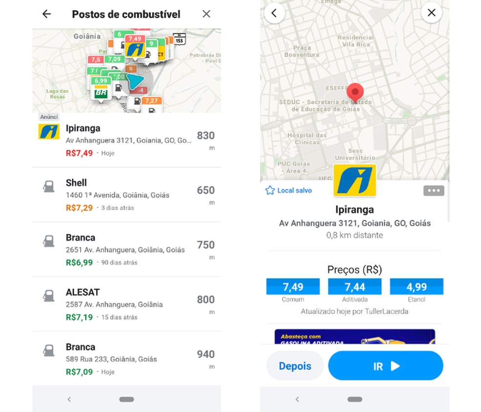 Além da função GPS, Waze mostra os postos com a gasolina mais barata em sua região — Foto: Reprodução/Mariana Tralback