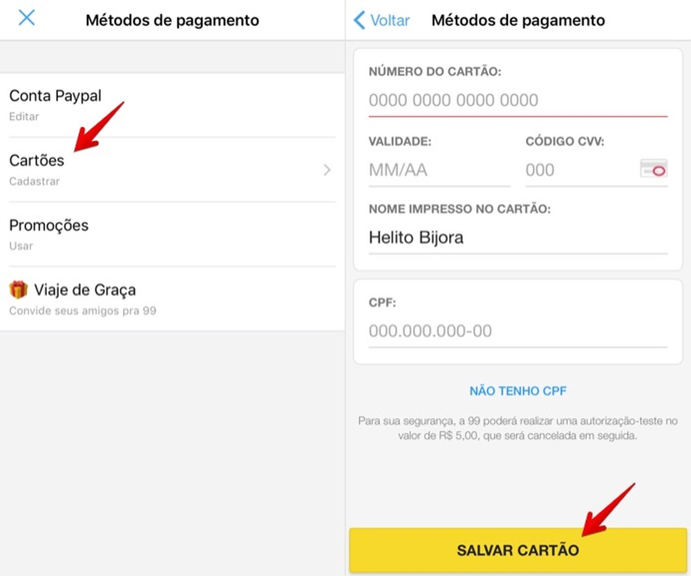 99: como cadastrar ou remover cartão de crédito e conta do PayPal
