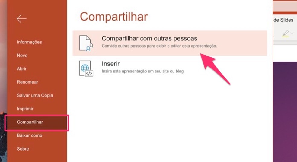Ação para visualizar a opção de compartilhamento para uma apresentação do PowerPoint online — Foto: Reprodução/Marvin Costa