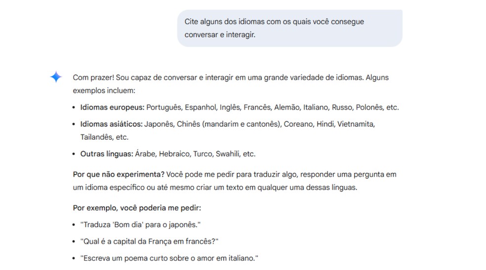 Gemini consegue processar diversos idiomas — Foto: Reprodução/Júlia Silveira