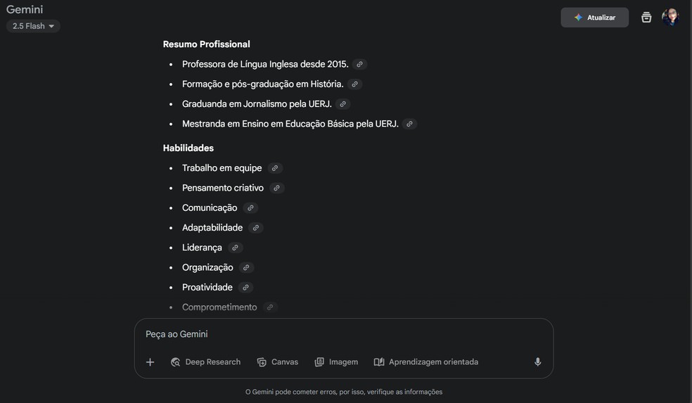 Gemini leva em conta informações previamente disponibilizadas para a criação de estrutura de currículo — Foto: Reprodução/Gisele Veríssimo