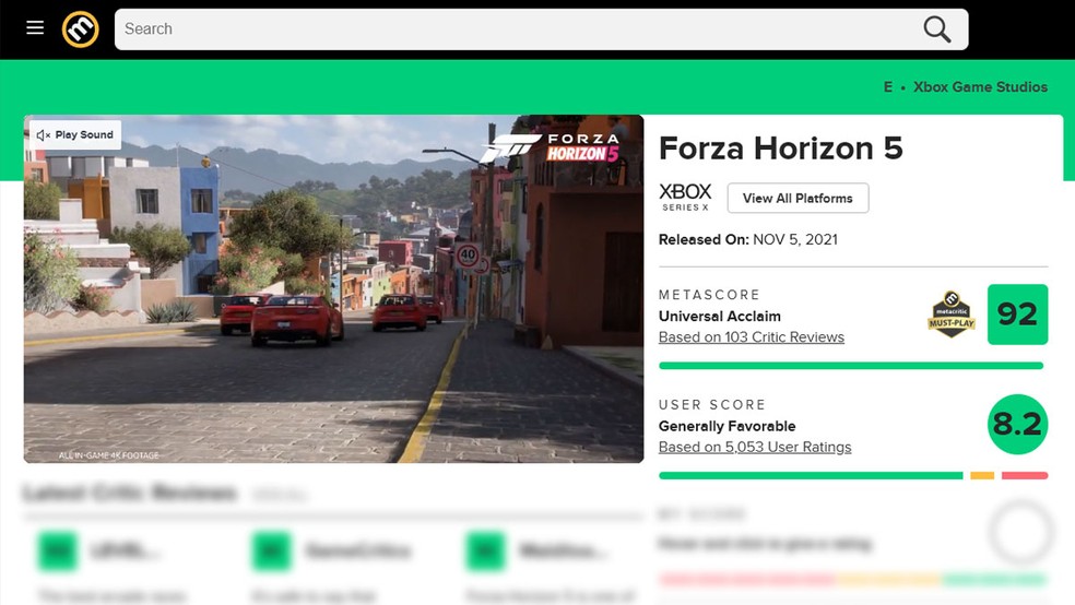 Forza Horizon 5 tem nota 92 no Metacritic tanto no PS5 quanto no Xbox Series X/S — Foto: Reprodução/Rafael Monteiro