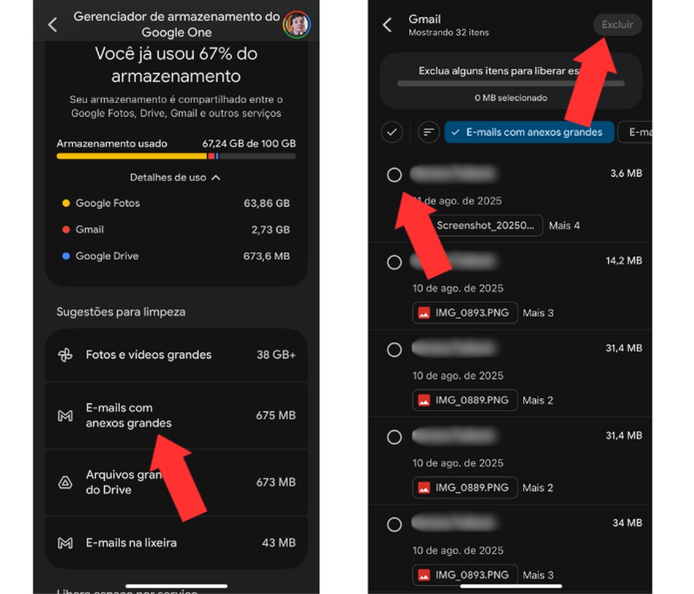 Usuários do Google Fotos ainda podem remover e-mails com anexos grandes, arquivos grande do Drive, entre outros — Foto: Reprodução/Mariana Tralback