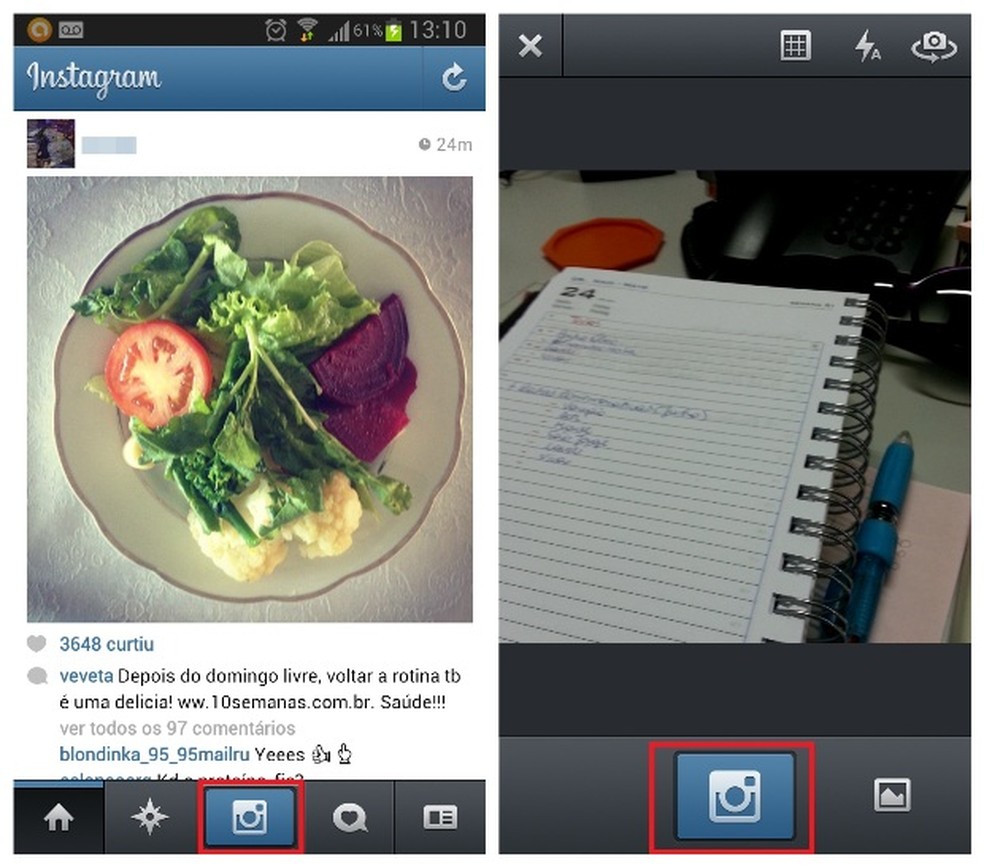 Página inicial do Instagram e câmera do aplicativo (Foto: Reprodução/Lívia Dâmaso) — Foto: TechTudo