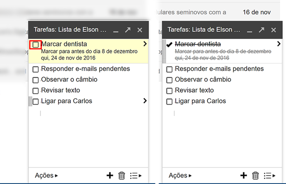 Usuário pode marcar tarefas que já terminou na lista do Gmail (Foto: Reprodução/Elson de Souza) — Foto: TechTudo
