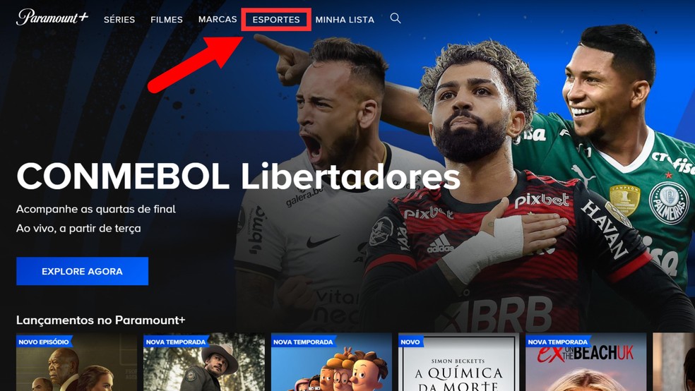 Para assistir às quartas de final da Libertadores, acesse o menu "Esportes" no site da Paramount+ — Foto: Reprodução/Júlia Silveira