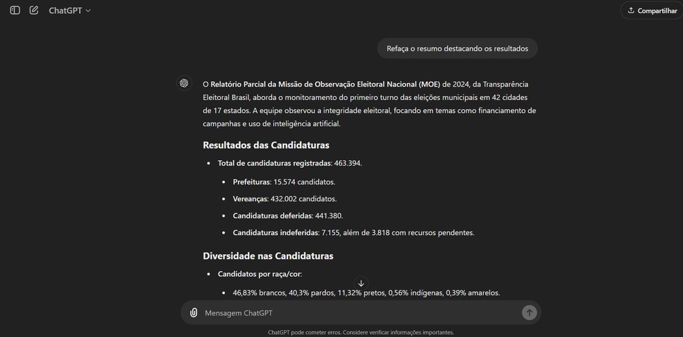 Dê comandos adicionais para refinar as respostas, se necessário — Foto: Reprodução/ChatGPT