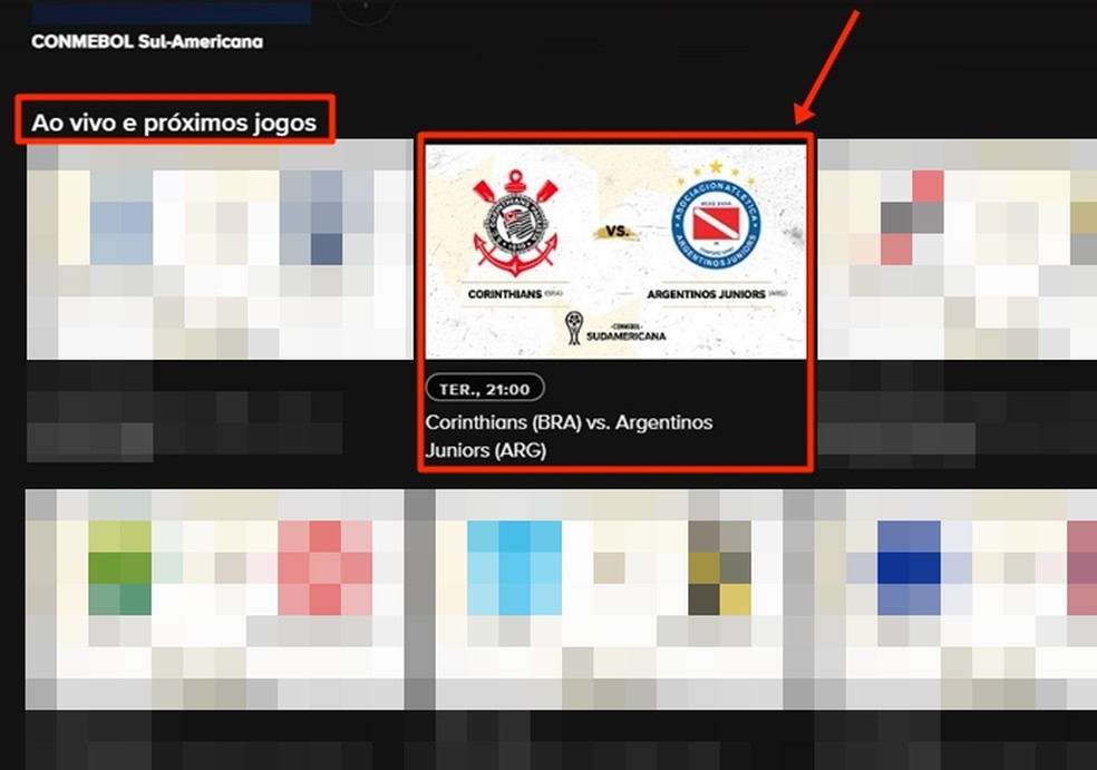 No campo destinado às partidas ao vivo, você deve selecionar o banner correto para visualizar a transmissão, ao vivo e online, às 21h30 — Foto: Reprodução/Gabriela Andrade